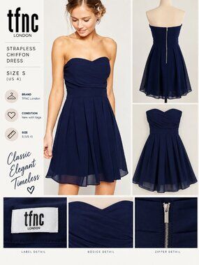 TFNC London Elida Navy Strapless Chiffon Mini Dress S